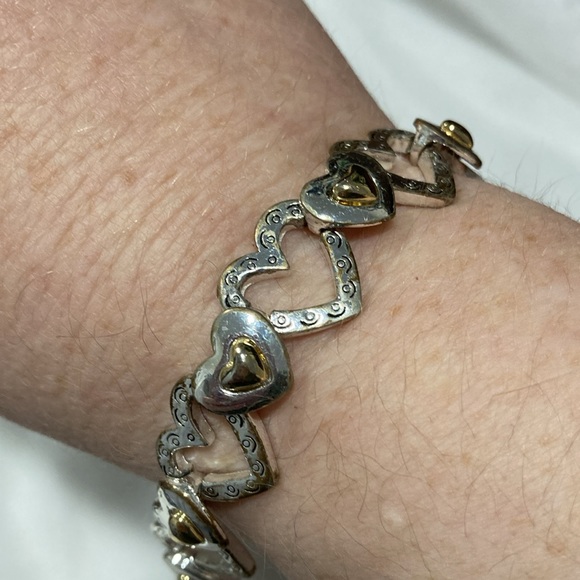 Silvertone Open Heart Link & Heart Goldtone Spacer Magnetic Clasp Bracelet - Picture 12 of 13